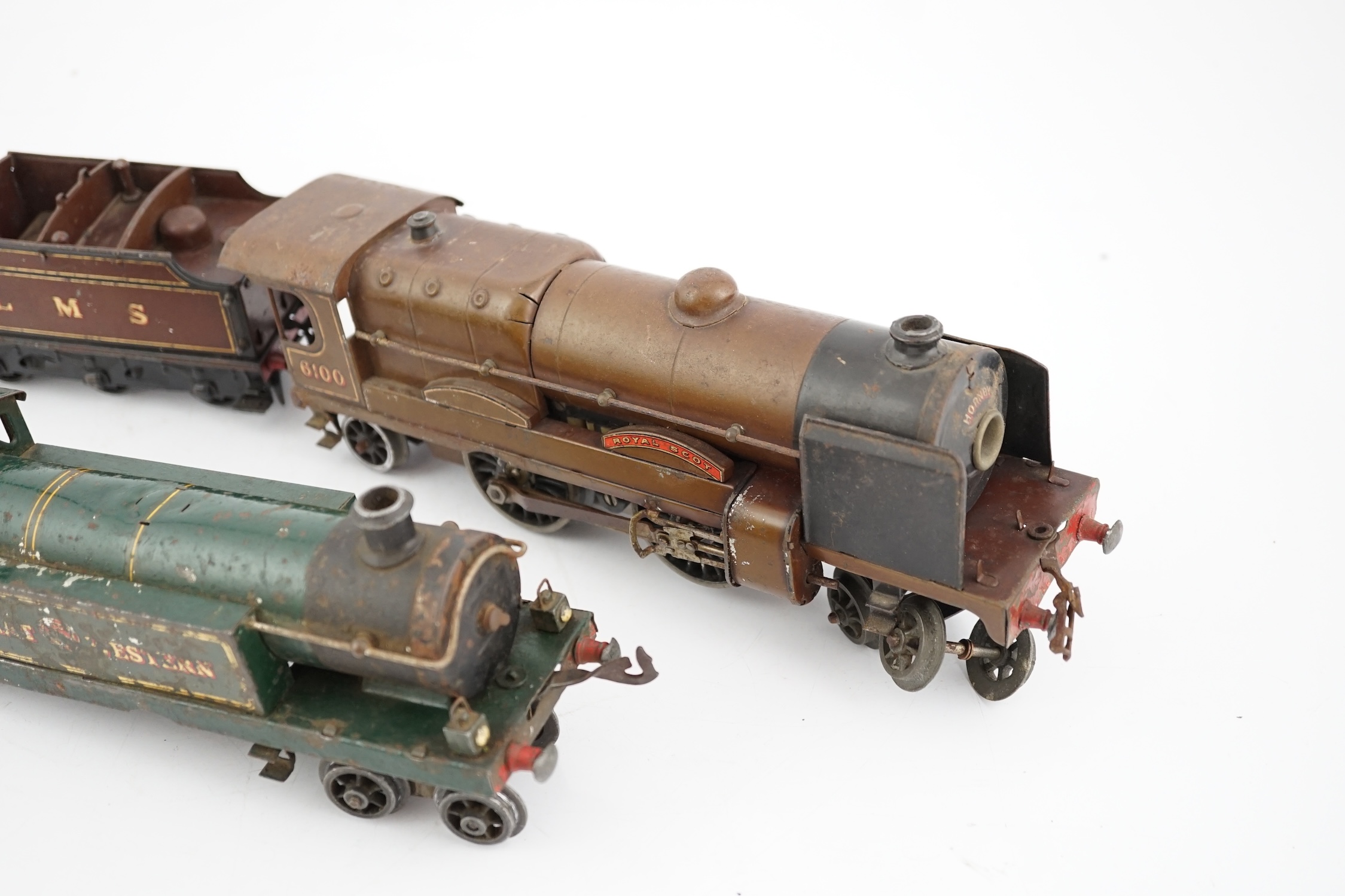 Two Hornby Series 0 gauge tinplate locomotives for 3-rail running; an LMS 4-4-2, Royal Scot 6100, and a Great Western 4-4-4T, 2243 (a.f.)